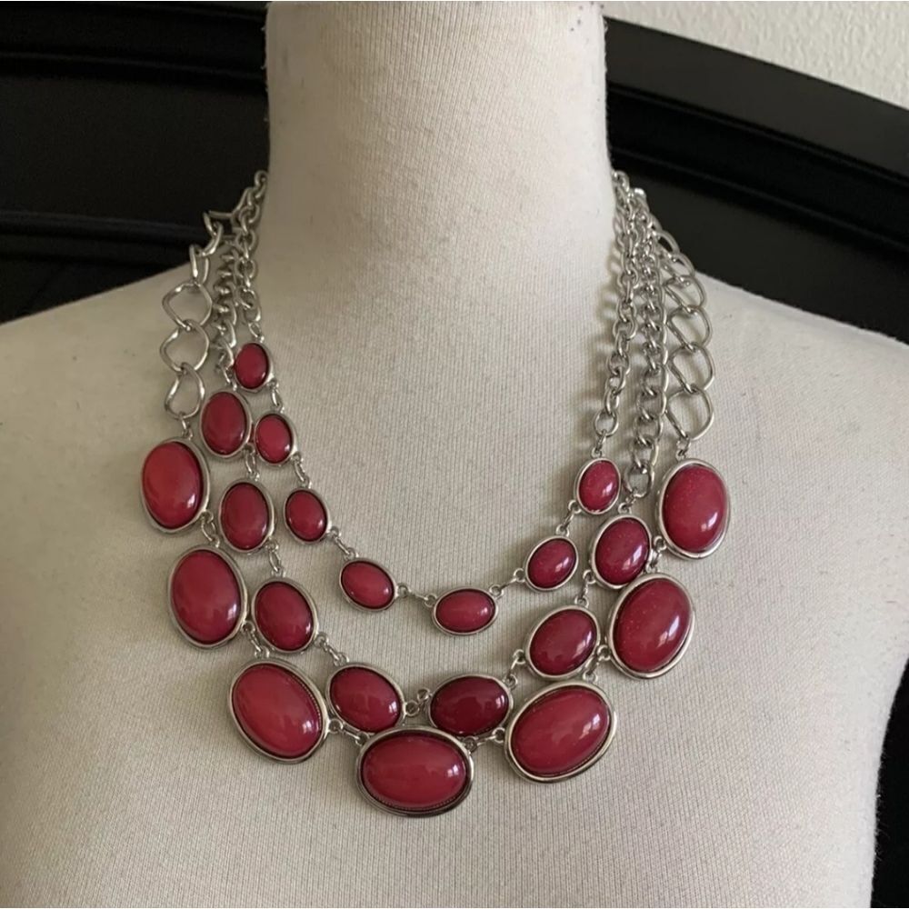 Ballet 3 Tiered Red Stone and Silver Statement Necklace NWT